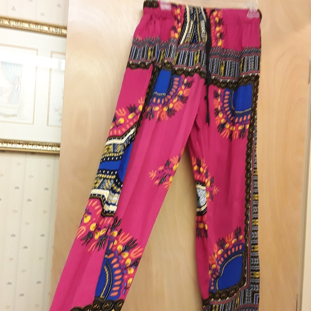 Hot Pink Dashiki tribal drawstring pants s